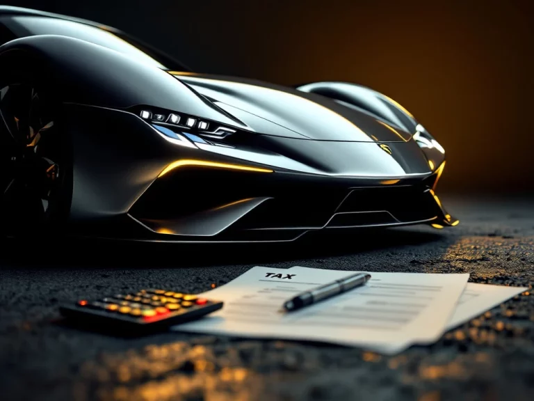 Zilveren De Tomaso sportwagen vooraanzicht met Nederlandse belastingdocumenten en rekenmachine op voorgrond