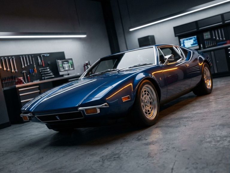 Donkerblauwe De Tomaso sportwagen in moderne garage met professionele verlichting en werkplaatsgereedschap op achtergrond