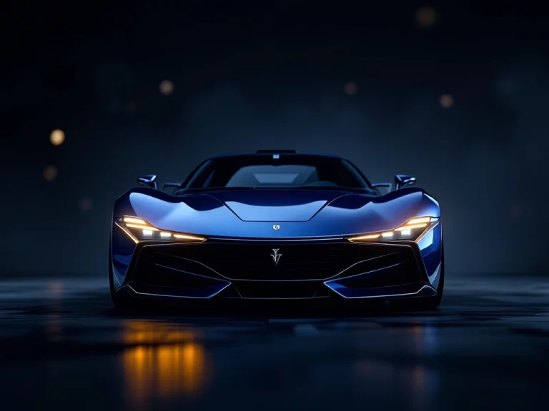 Blauwe De Tomaso sportwagen in moderne showroom met dramatische studiobelichting en luxe interieur op achtergrond