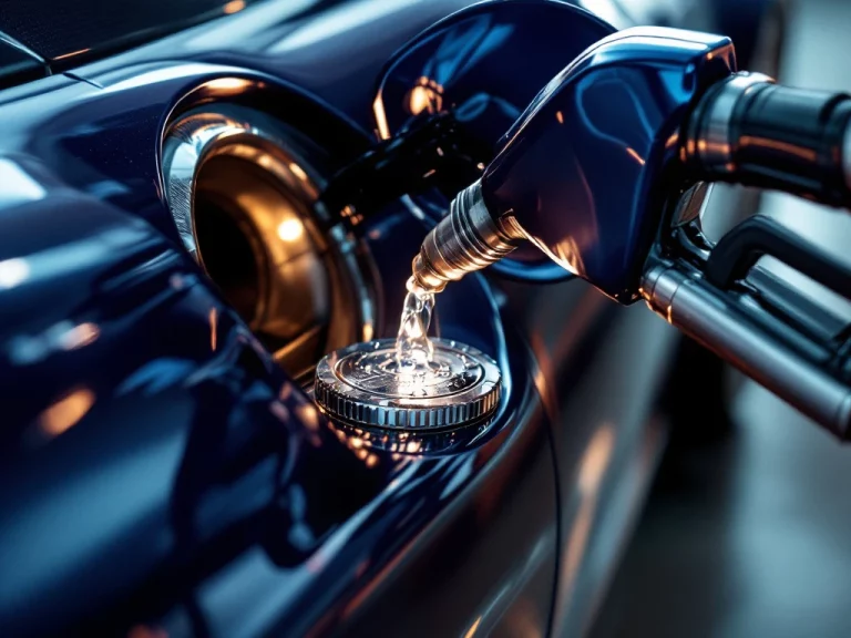 De Tomaso sportwagen tankdop wordt geopend met benzinedruppels op metallic blauwe lak bij luxe tankstation