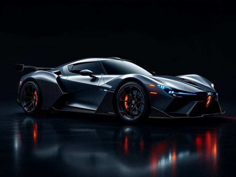 De Tomaso sportwagen met koolstofvezel details, rode remklauwen en blauwe veiligheidsverlichting op zwarte ondergrond