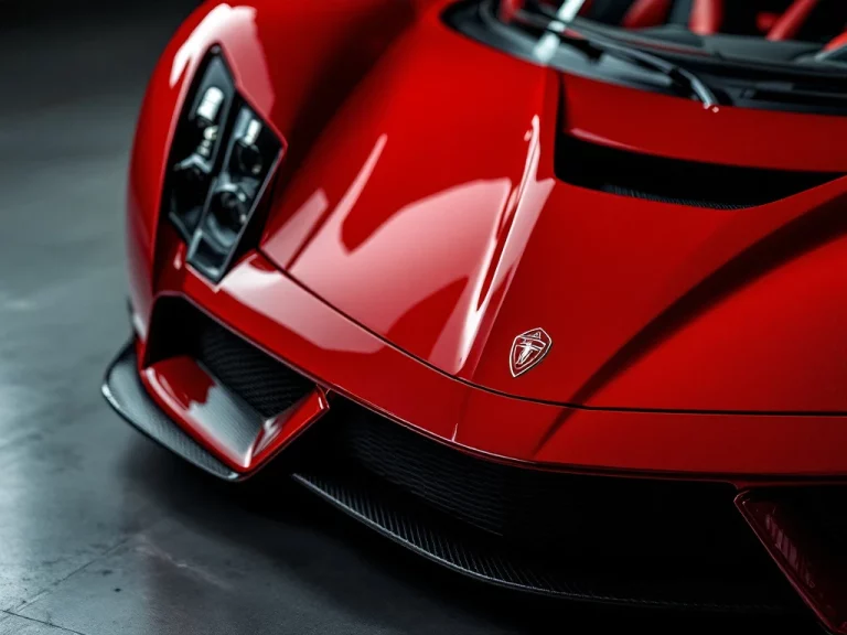 Rode De Tomaso sportwagen close-up met carbon fiber details, premium koplampen en Italiaanse racing afwerking