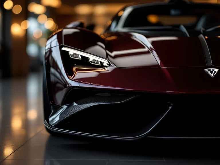 De Tomaso sportwagen vooraanzicht met donkerrode metallic lak en koolstofvezel accenten in luxe showroom