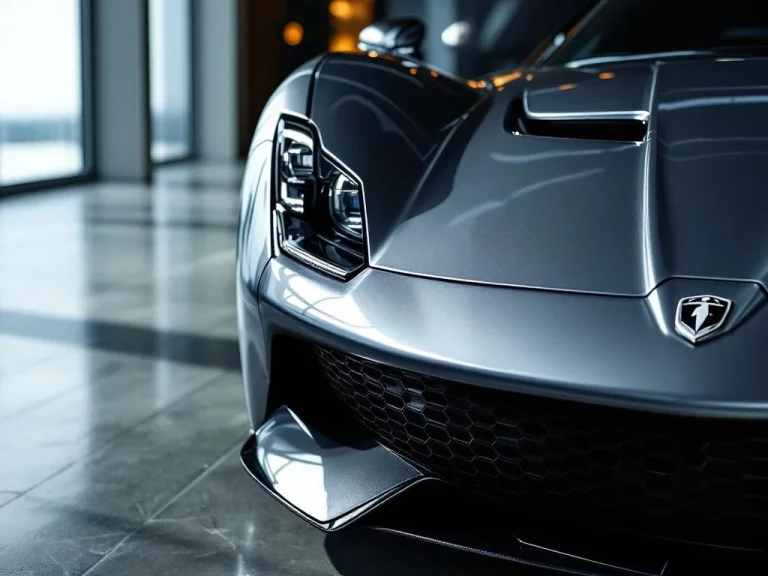 De Tomaso sportwagen vooraanzicht met chromen details en aerodynamische lijnen in moderne showroom met dramatische verlichting