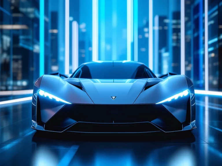 Zilveren De Tomaso sportwagen met LED-verlichting tegen futuristische stadsachtergrond met blauwe lichteffecten