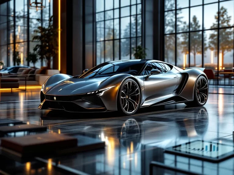 De Tomaso sportwagen in luxe showroom met financieringsdocumenten op glazen bureau, warme verlichting