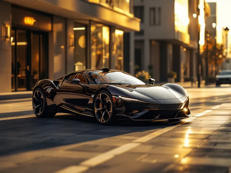 Elegante De Tomaso sportwagen in gouden daglicht tegen stedelijke achtergrond met glanzende lak en chromen accenten