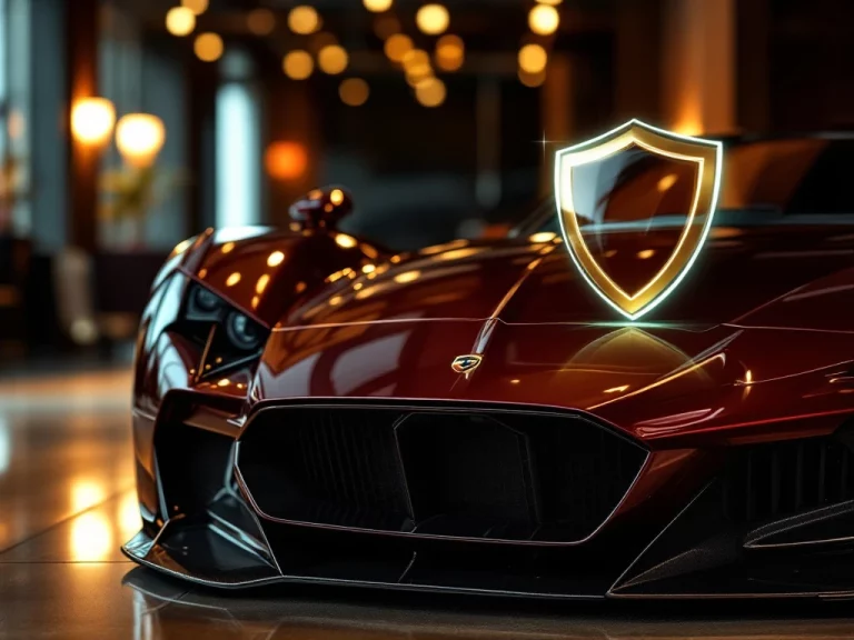 De Tomaso sportwagen close-up in showroom met chromen details en warranty symbool op motorkap