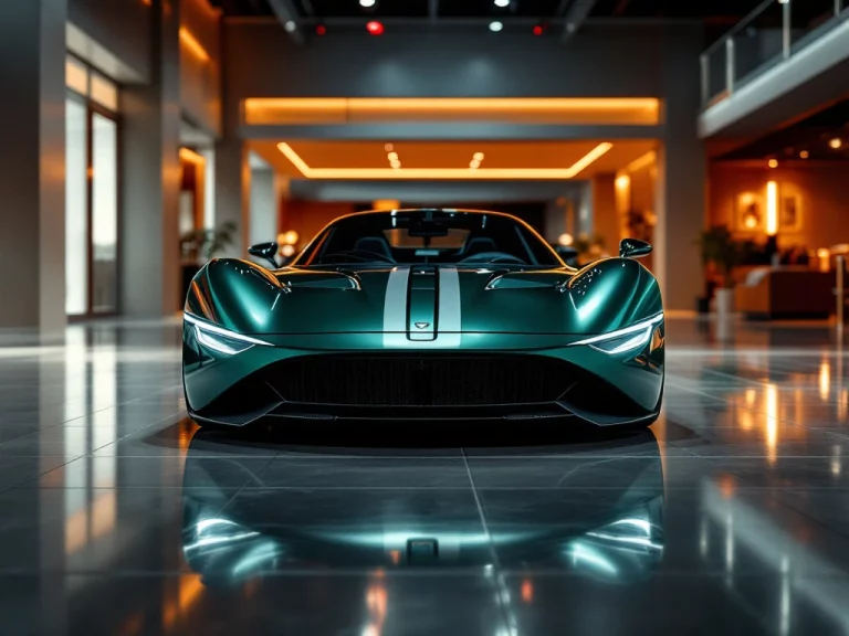 De Tomaso sportwagen in metallic racinggroen met chromen accenten in luxe showroom met gepolijste betonvloeren