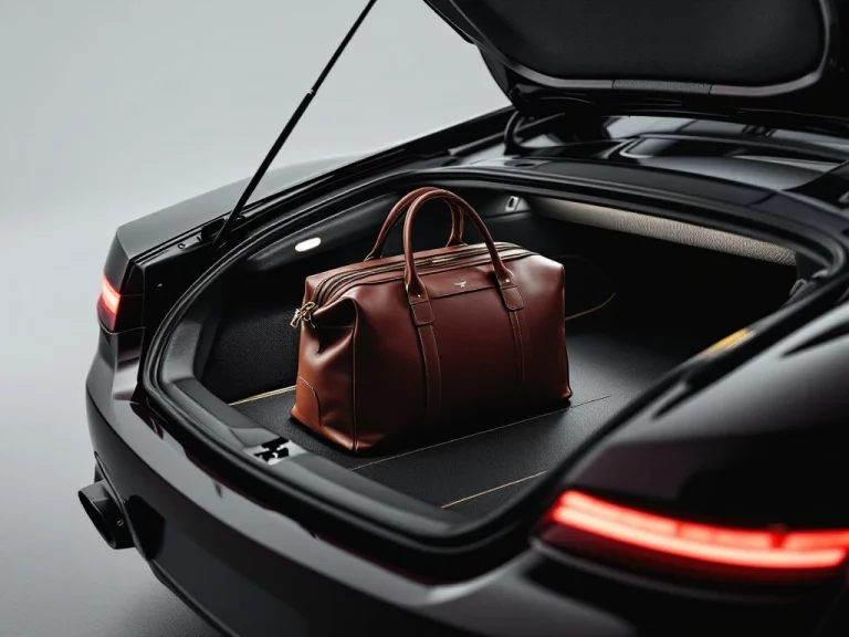 Open kofferbak van De Tomaso sportwagen met zwart leren interieur, weekendtas en carbon fiber accenten