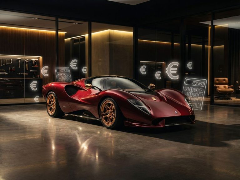 De Tomaso sportwagen in luxe showroom met zwevende euro-symbolen en calculatorelementen voor kostenanalyse