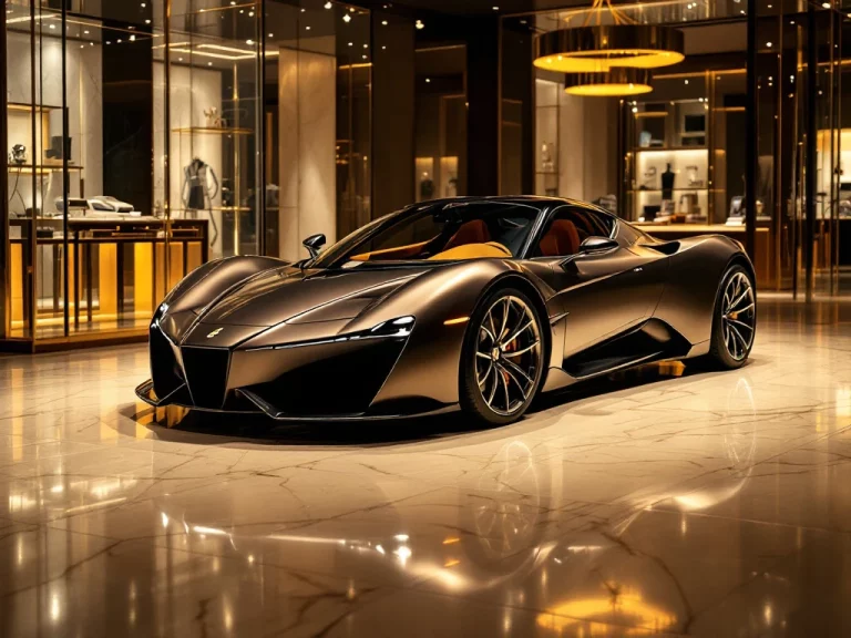 Luxe De Tomaso sportwagen in exclusieve showroom met marmeren vloeren en dramatische verlichting