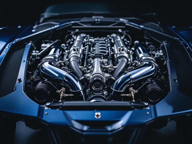 Close-up van De Tomaso sportwagen motorblok met chromen onderdelen, turbocharger en performance upgrades