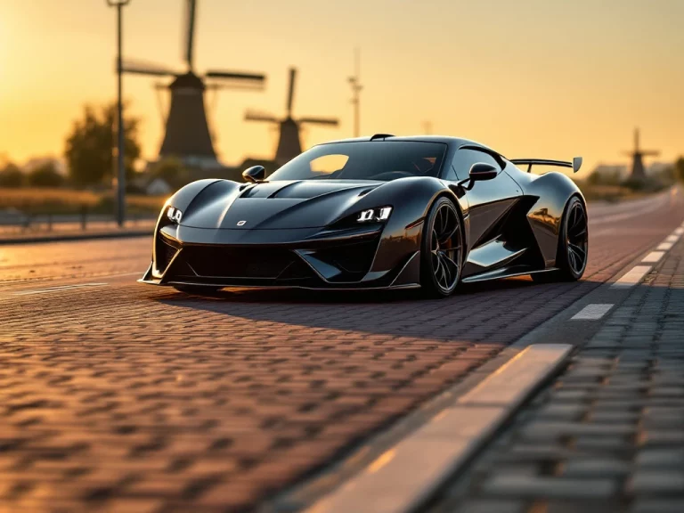 De Tomaso sportwagen op Nederlandse weg met fietspaden en windmolens op achtergrond tijdens gouden uurtje