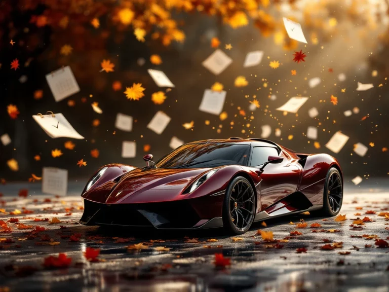 De Tomaso sportwagen in studio met zwevende kalenderbladen en klokken, herfst- en winterelementen op achtergrond