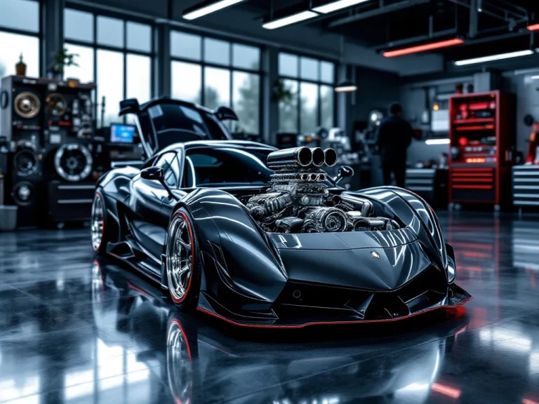 De Tomaso sportwagen met open motorkap en gemodificeerde motor in luxe autowerkplaats met tuningonderdelen