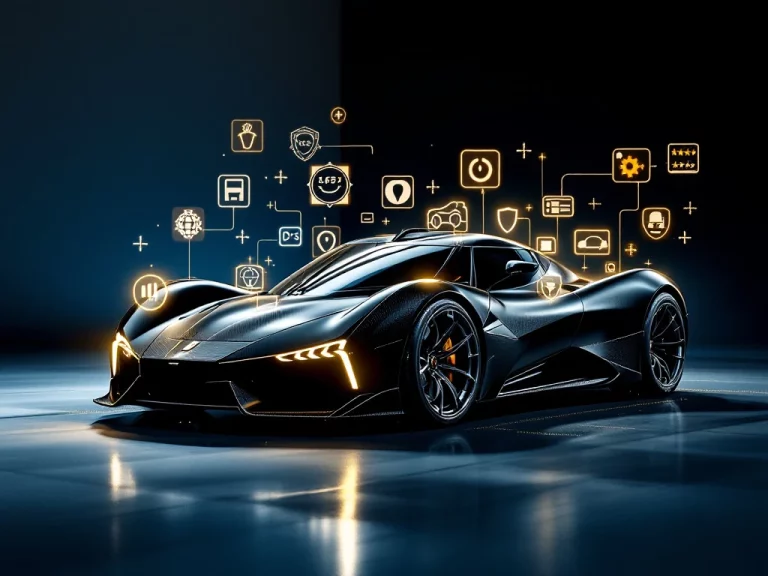 De Tomaso sportwagen met zwevende veiligheidspictogrammen en certificeringsbadges in studio met blauw-witte achtergrond