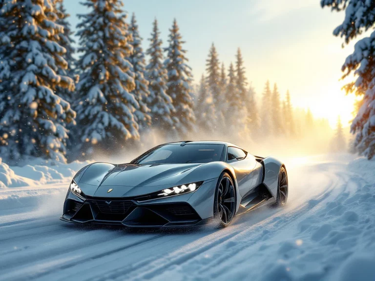 De Tomaso sportwagen rijdt door besneeuwde weg met dennenbomen tijdens gouden uur, sneeuwvlokken vallen zachtjes