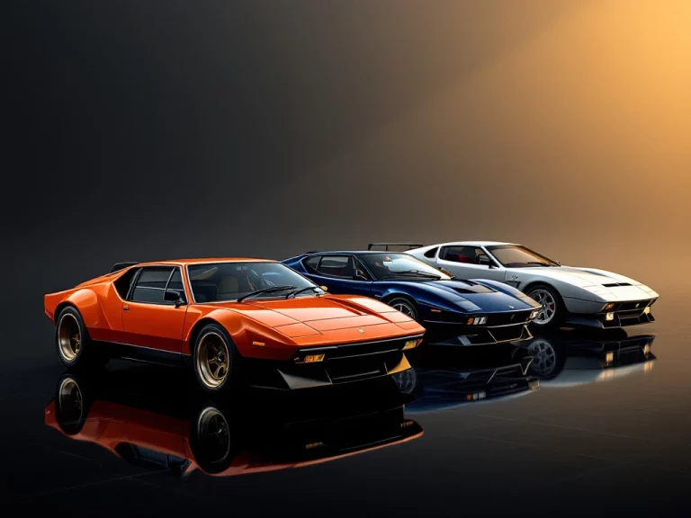 Drie De Tomaso sportwagens in diagonale opstelling: oranje Pantera, blauwe P72 en witte Mangusta op zwarte vloer