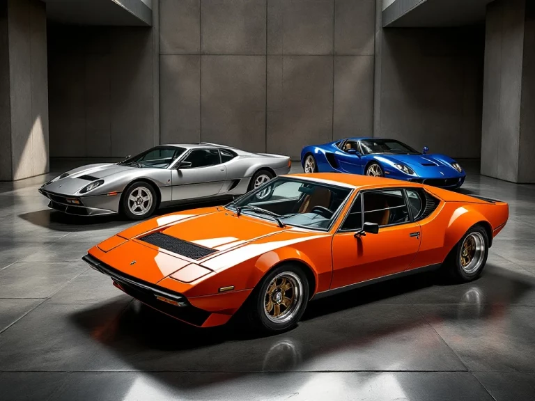 Drie klassieke De Tomaso sportwagen - oranje Pantera, zilveren Mangusta en blauwe Vallelunga - in moderne showroom