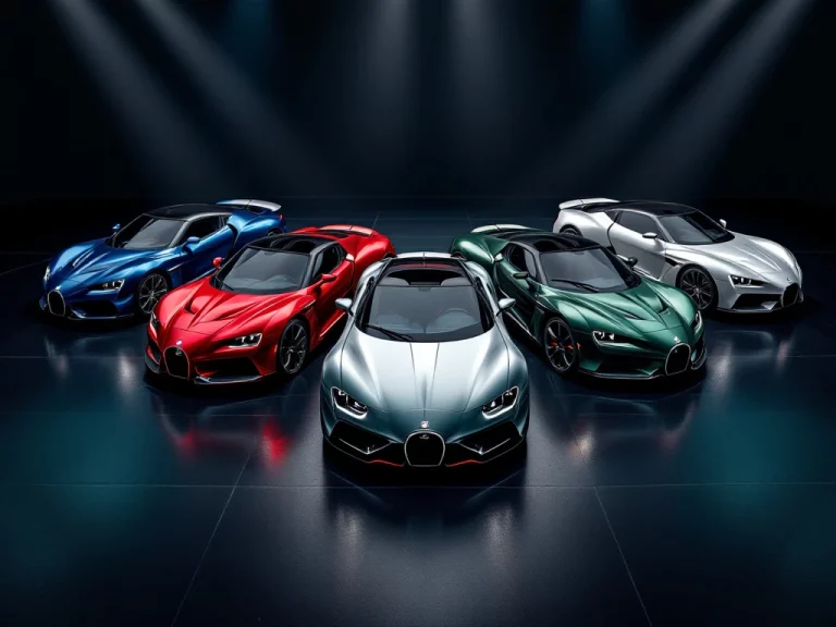 De Tomaso sportwagens in halve cirkel opgesteld in showroom, verschillende kleuren: blauw, rood, wit, zwart, groen