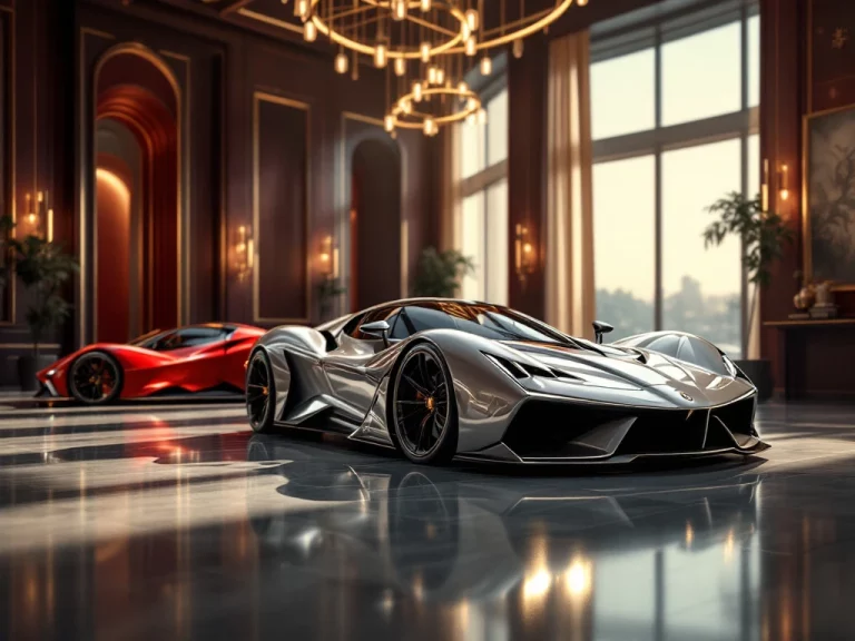 Twee De Tomaso sportwagen in luxe showroom met glanzende metallic lak en warme studio verlichting