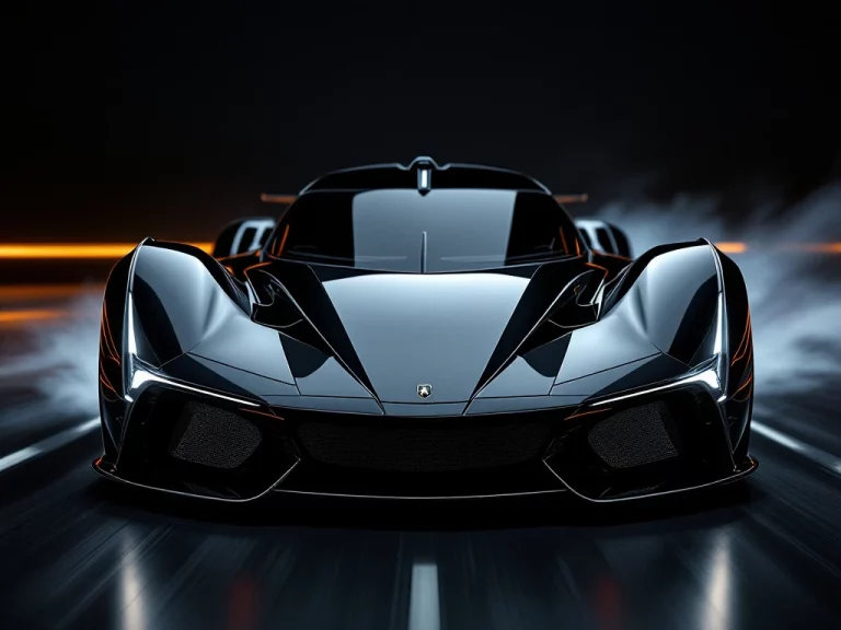 De Tomaso supercar vooraanzicht met glanzende metallic lak en aerodynamische lijnen tegen donkere achtergrond