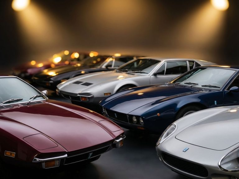 Klassieke De Tomaso supercars in bordeauxrood, middernachtblauw en zilver gerangschikt in elegante formatie onder dramatische studiobelichting
