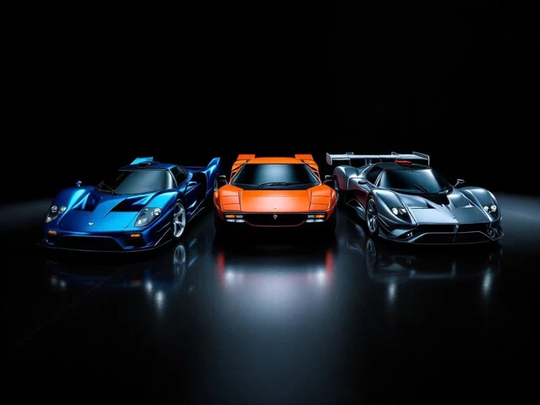 Drie De Tomaso supercars in driehoeksformatie: oranje Pantera, blauwe P72 en zilveren Mangusta op zwarte achtergrond