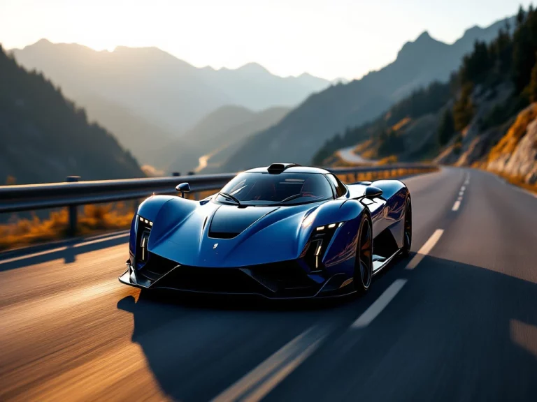 De Tomaso P72 supercar in metallic blauw op bergweg tijdens gouden uur, met dramatische belichting en alpine achtergrond