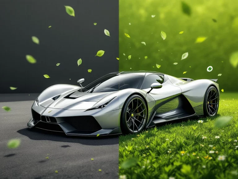 De Tomaso P72 supercar op asfalt en gras met drijvende bladeren, duurzaamheidsthema in natuurlijk licht