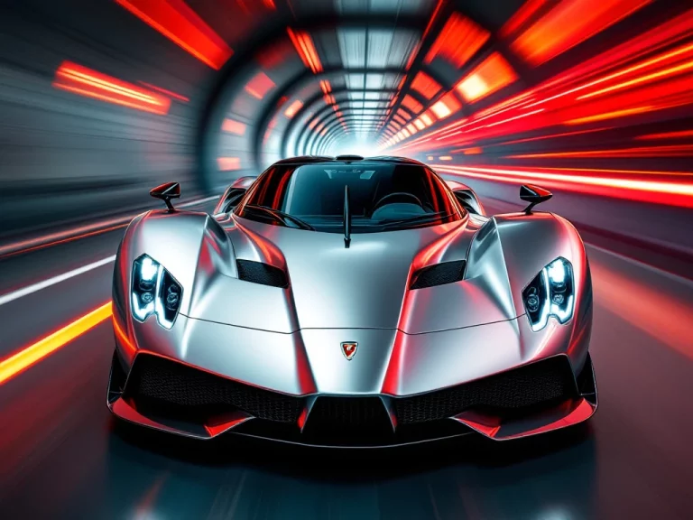 Zilveren De Tomaso P72 supercar racet door tunnel met oranje snelheidslijnen en bewegingsonscherpte