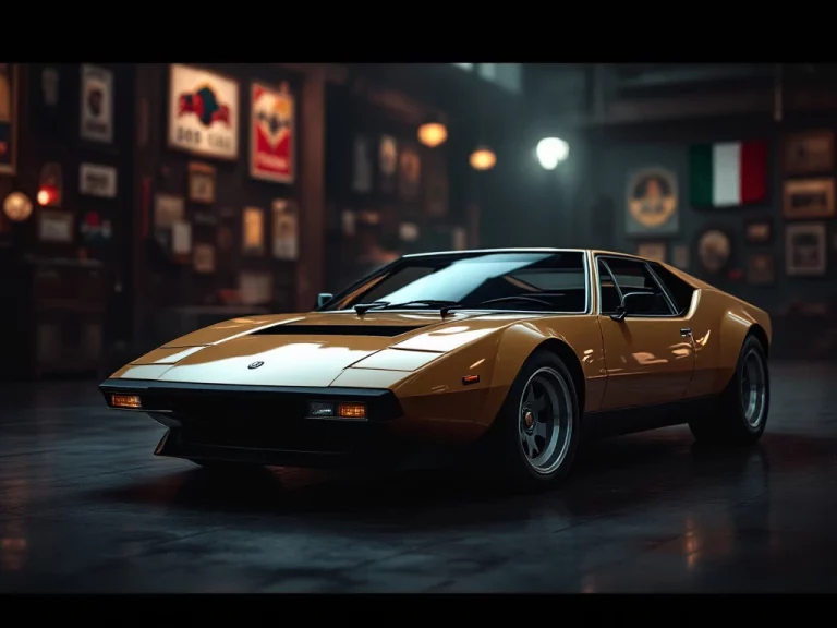 De Tomaso Pantera sportwagen in driekwart hoek met dramatische studiobelichting en Italiaanse racing memorabilia op achtergrond