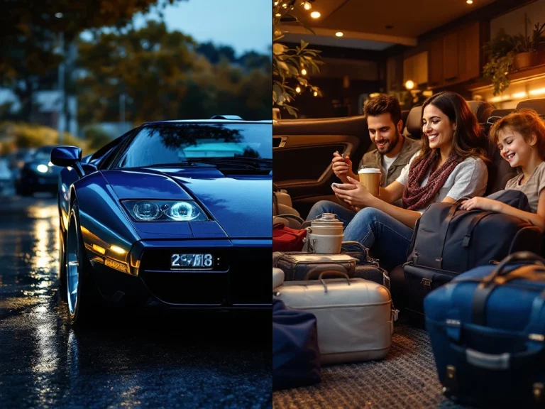 Blauwe De Tomaso Pantera sportwagen naast luxe auto-interieur met kinderzitjes en bagage in split-screen compositie