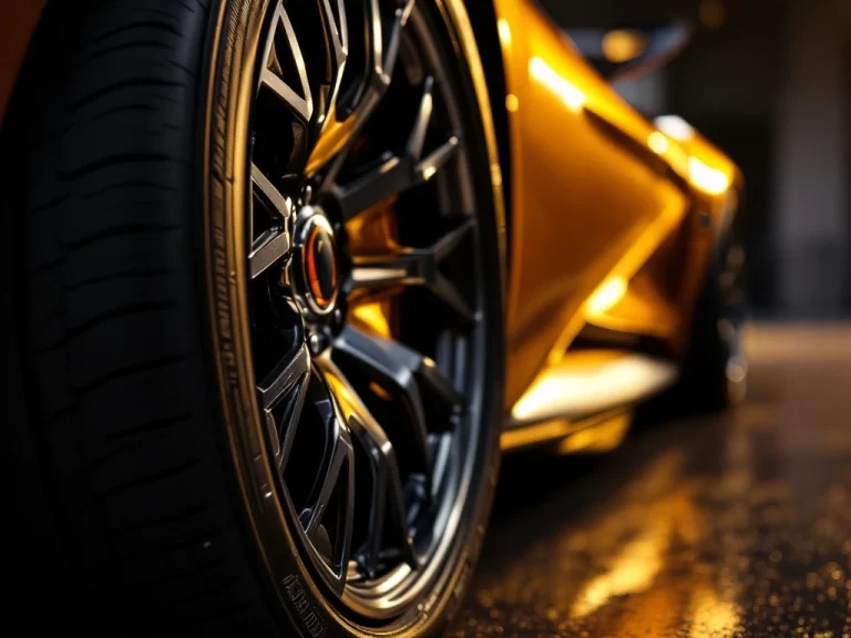 Close-up van hoogwaardige raceband met diepe profielen op chromen velg van Italiaanse sportwagen met dramatische studiobelichting