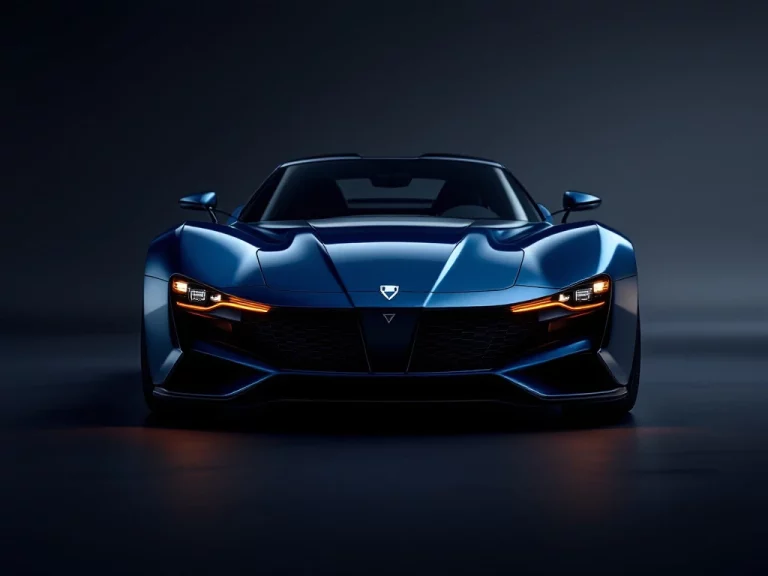 Metallic blauwe De Tomaso sportwagen in close-up met dramatische studiobelichting en elegante Italiaanse designlijnen