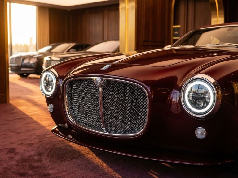 De Tomaso sportwagen grille en koplampen in gouden licht met chromen details in luxe showroom