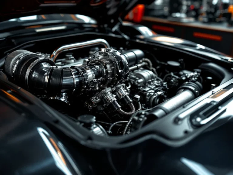 De Tomaso sportwagen motorruimte met turbocharger, carbon fiber onderdelen en chromen uitlaatspruitstukken