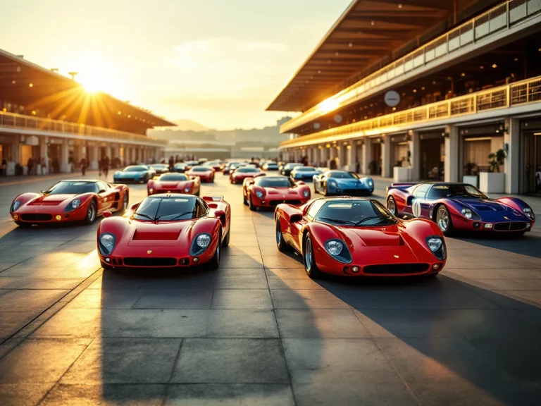 Klassieke De Tomaso sportwagens in rode en blauwe kleuren op circuit tijdens prestigieus auto-evenement bij zonsondergang