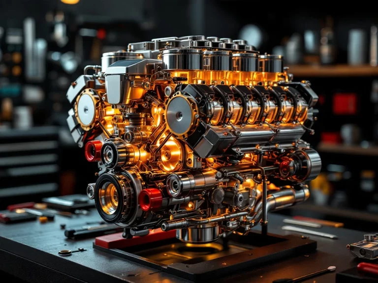 Doorsnede van een De Tomaso V8-motor met chromen onderdelen en gouden verlichting tegen zwarte achtergrond