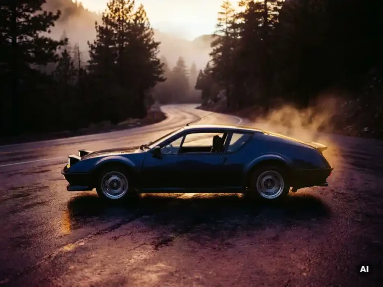 Midnight blauwe Europese sportwagen uit de late jaren 80 geparkeerd op een mistige bergweg bij schemering, nat asfalt weerspiegelt gouden tinten.
