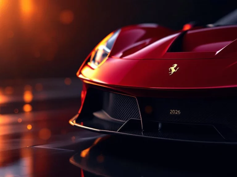 Rode Ferrari close-up met prancing horse logo, chromen details en 2026 prijskaartjes in luxe studio setting