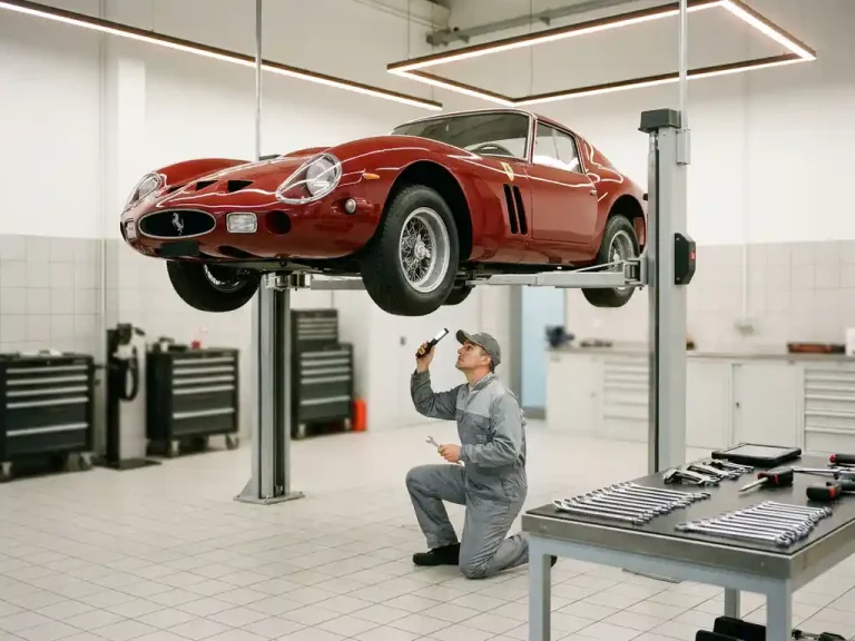 Vintage Ferrari 250 GTO op hydraulische lift in witte garage terwijl monteur het onderstel inspecteert