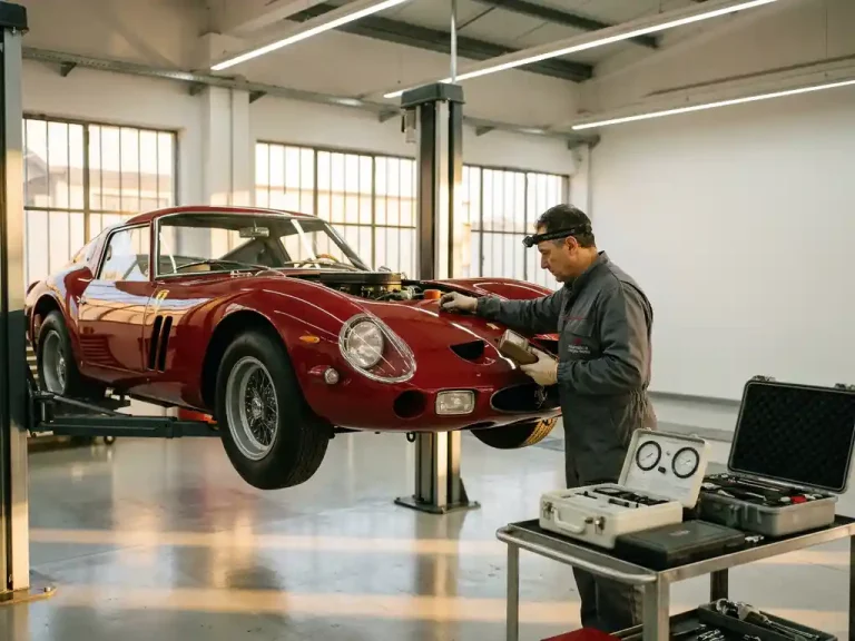 Vintage Ferrari 250 GTO op hydraulische lift in witte werkplaats, technicus onderzoekt motorruimte met diagnostische apparatuur