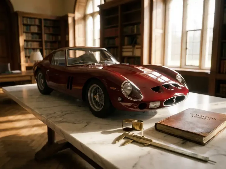 Vintage Ferrari 250 GTO op marmeren taxatietafel met juweliersloepe en messing meetinstrumenten in gouden uurtje licht