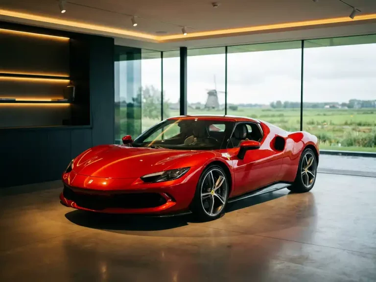 Rode Ferrari 296 GTB in moderne showroom met betonnen vloeren en grote ramen met uitzicht op Nederlands landschap