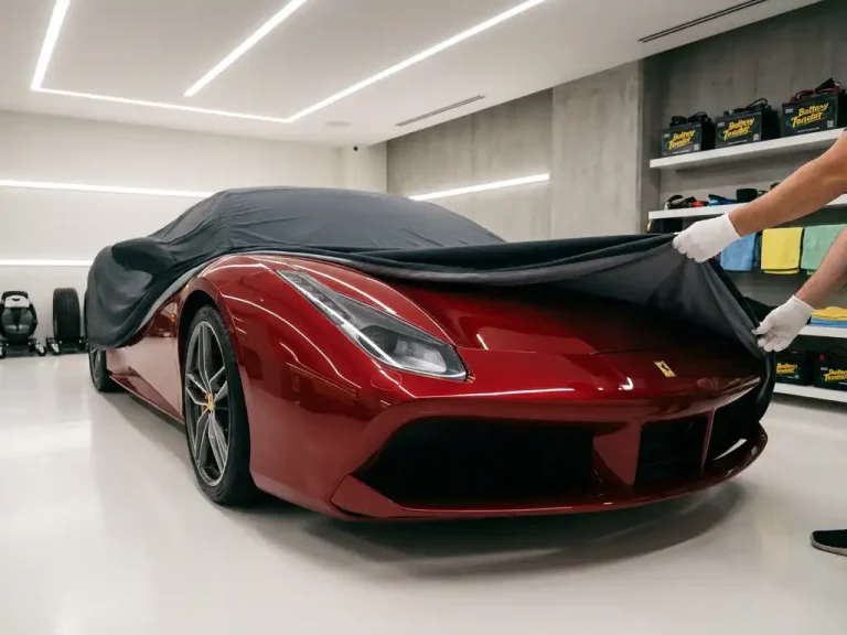 Rode Ferrari 488 GTB in klimaatgecontroleerde garage met witte epoxy vloer, beschermhoes wordt voorzichtig weggetild
