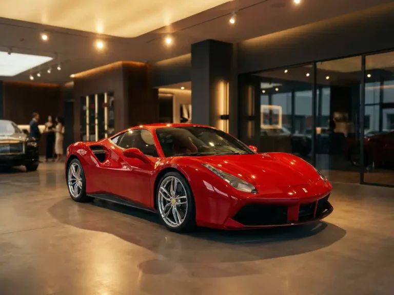 Rode Ferrari 488 GTB in luxe showroom met dramatische verlichting en gepolijste betonnen vloeren