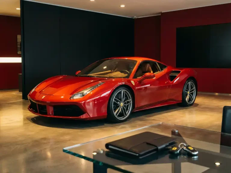 Rode Ferrari 488 GTB in moderne showroom met gepolijste betonvloeren en dramatische verlichting
