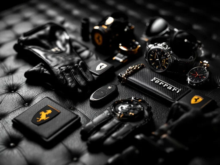 Ferrari accessoires waaronder leren handschoenen, chronograaf horloge en zonnebril op zwart leer met gele accenten